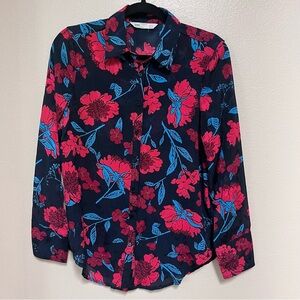 ZARA Navy Red Floral Button Front Blouse Top Shirt size M